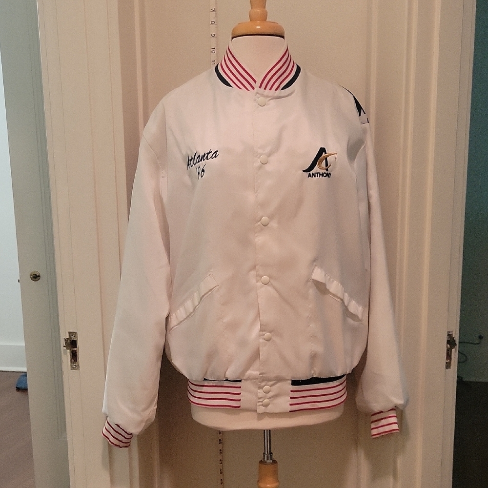 White Satin Bomber Jacket with Red Stripes